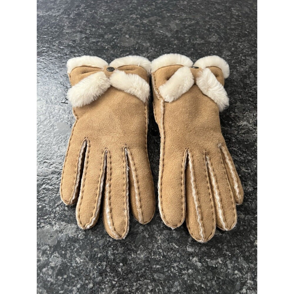 UGG Women's Sheepskin Turned Bow Glove Suede Beige Brown  Size S NEW